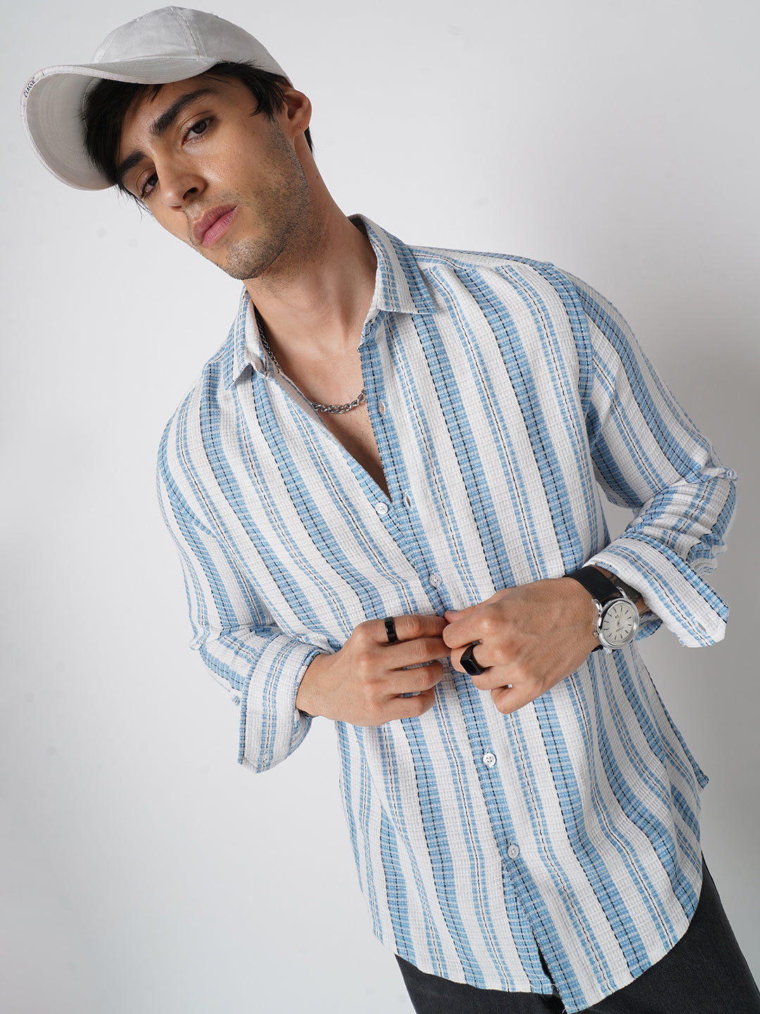 Blue & White Dobby Striped Shirt