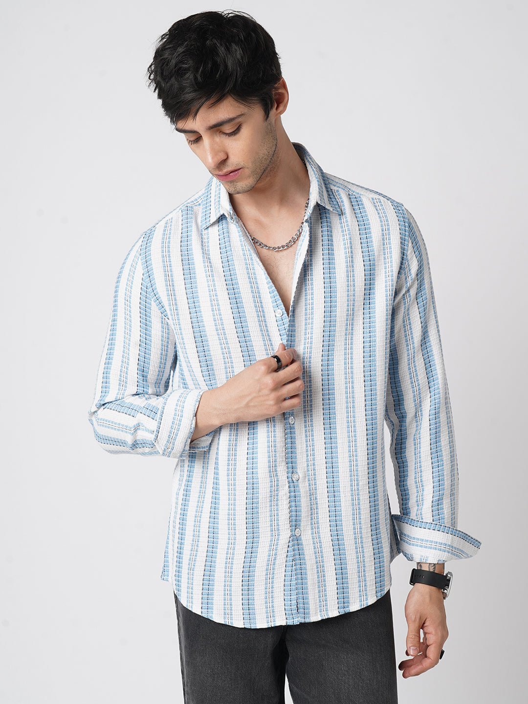 Blue & White Dobby Striped Shirt