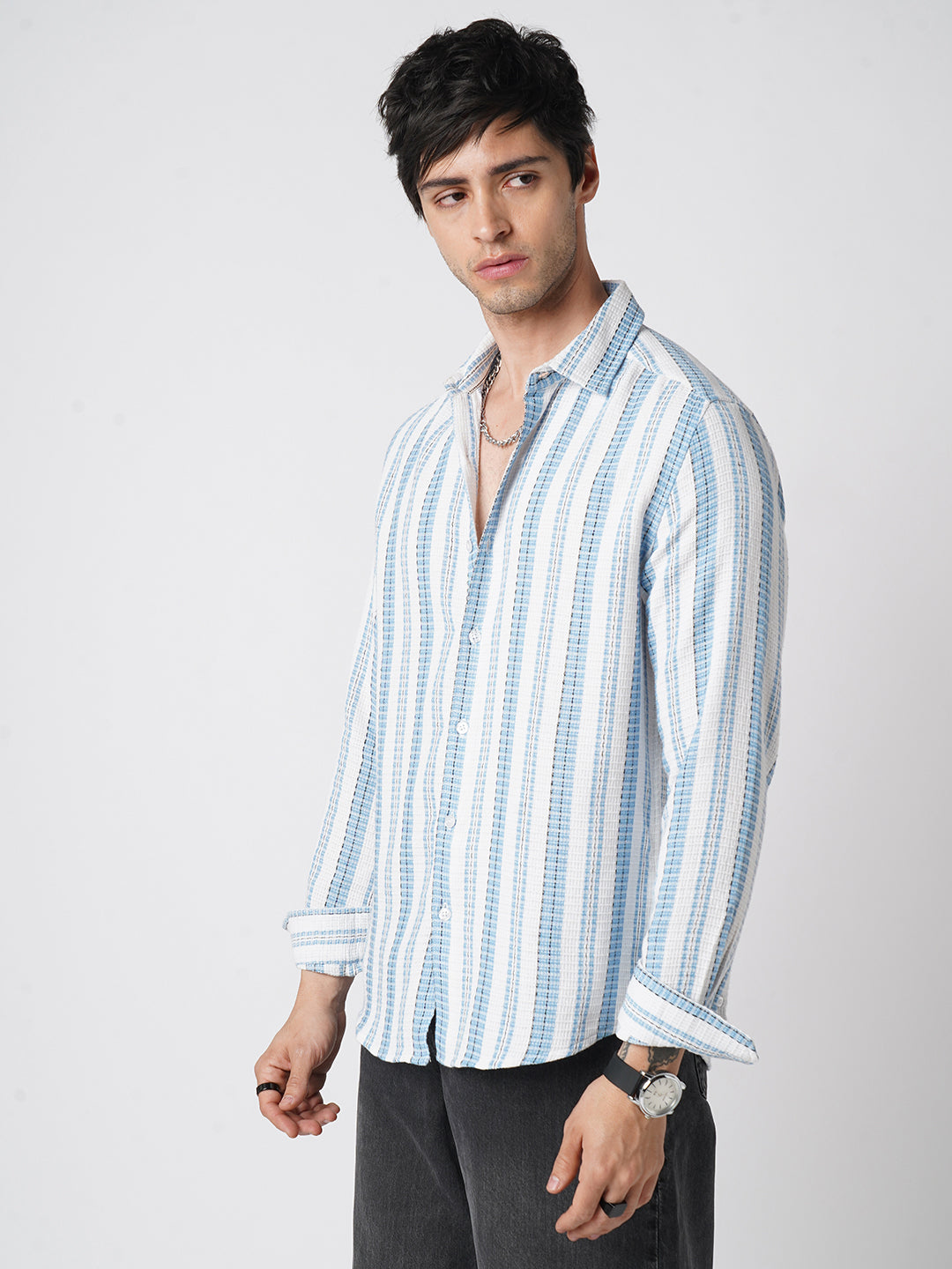 Blue & White Dobby Striped Shirt
