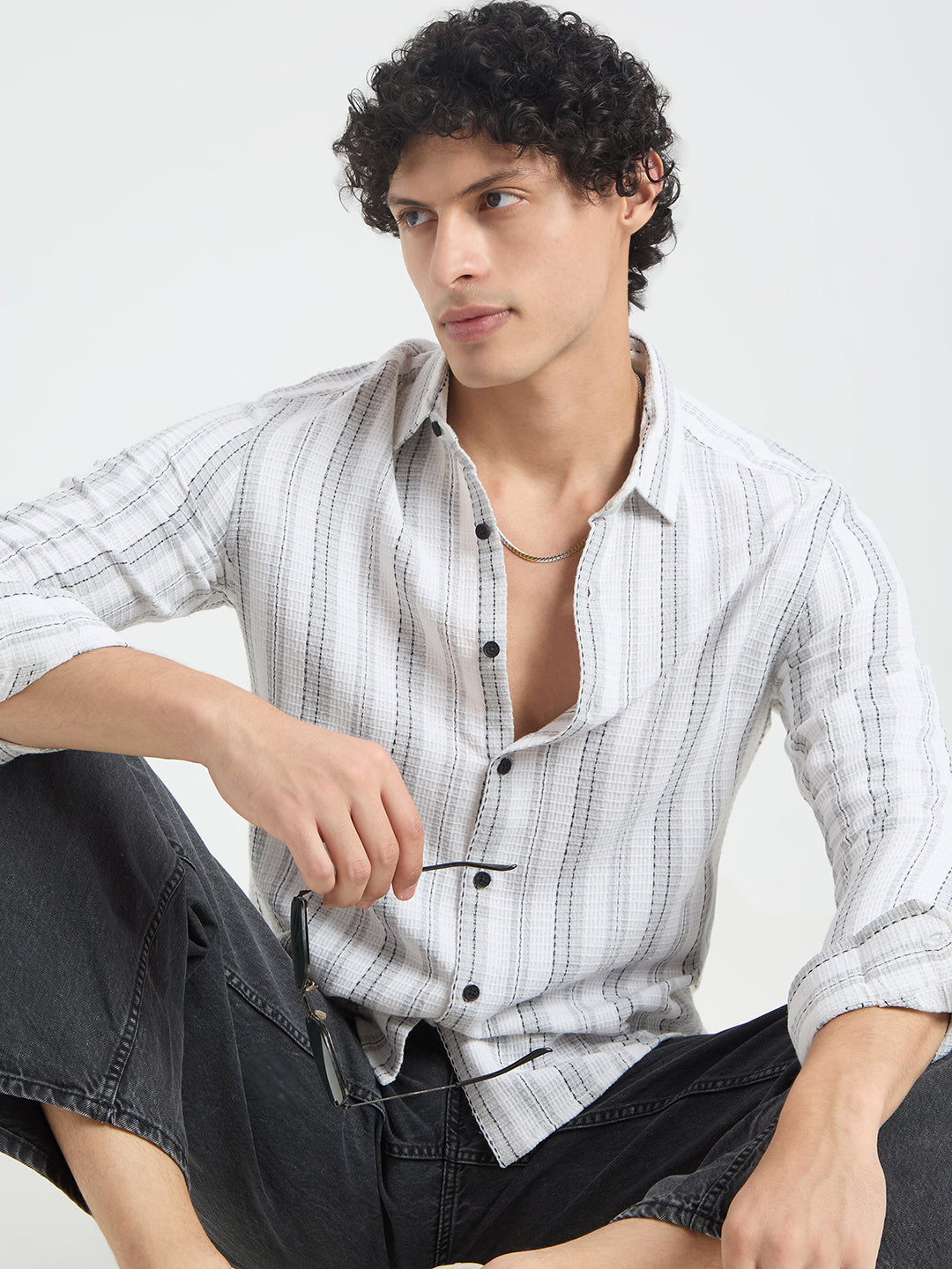Grey & White Dobby Striped Shirt - Image 1