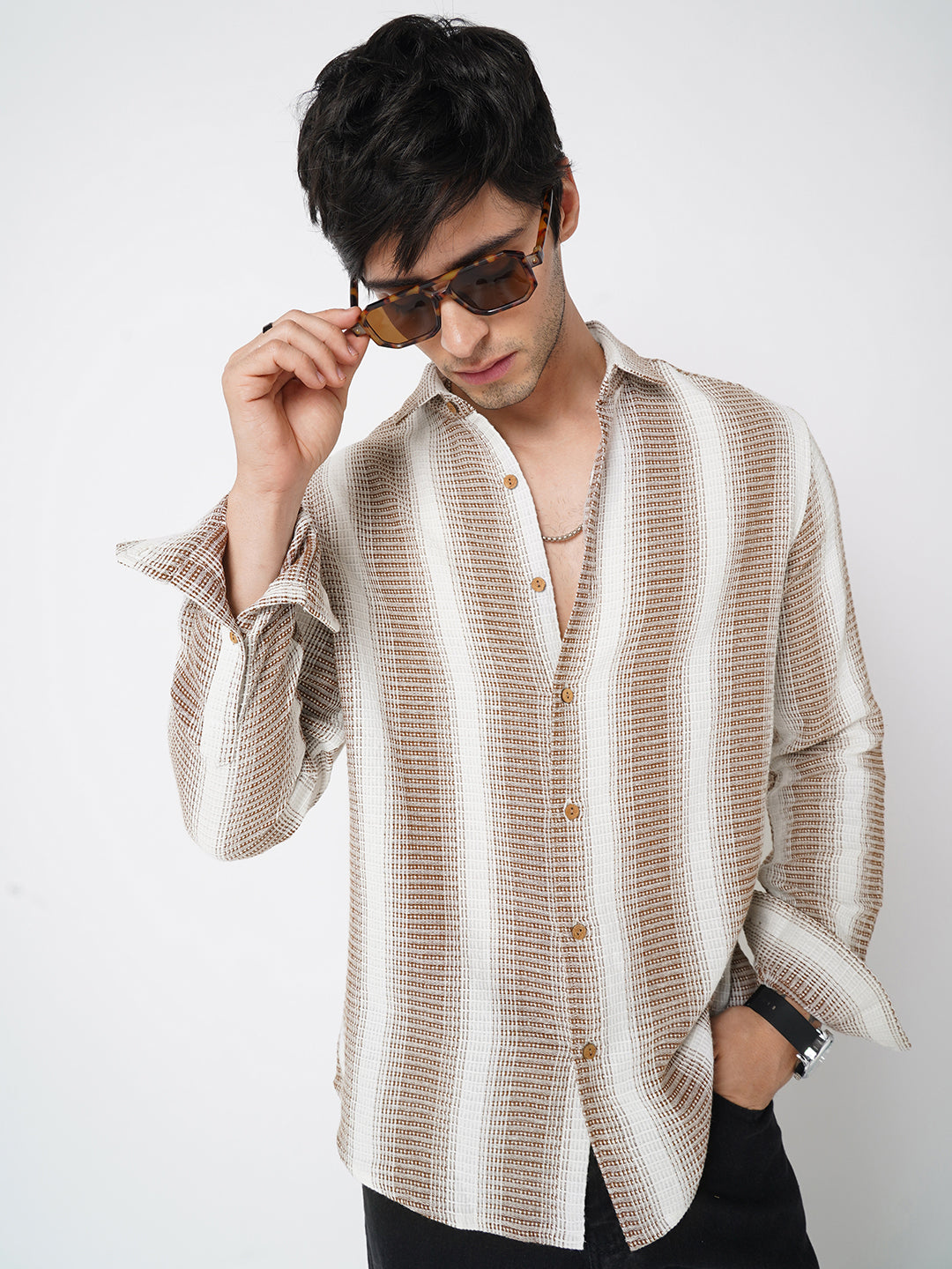 Brown & White Dobby Striped Shirt
