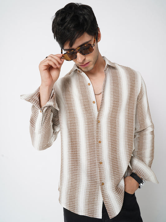 Brown & White Dobby Striped Shirt