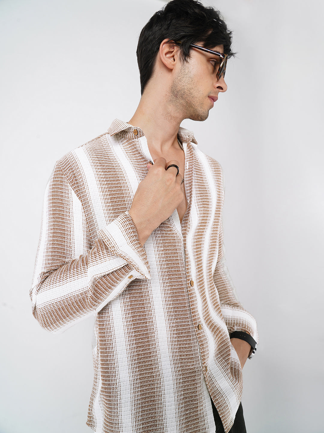 Brown & White Dobby Striped Shirt