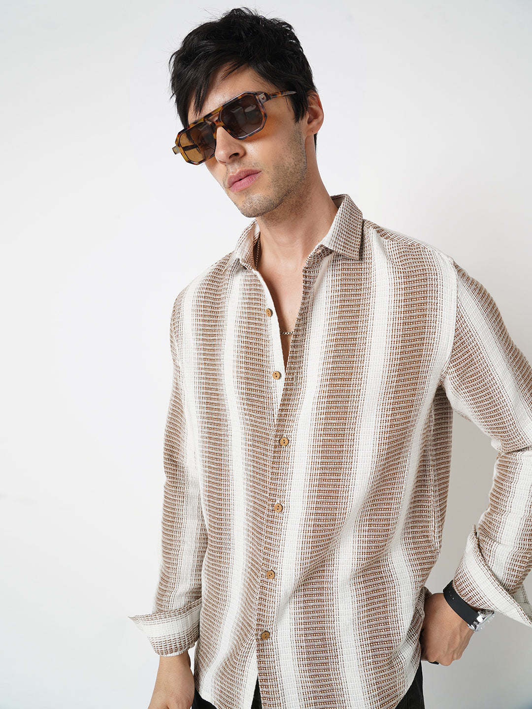 Brown & White Dobby Striped Shirt