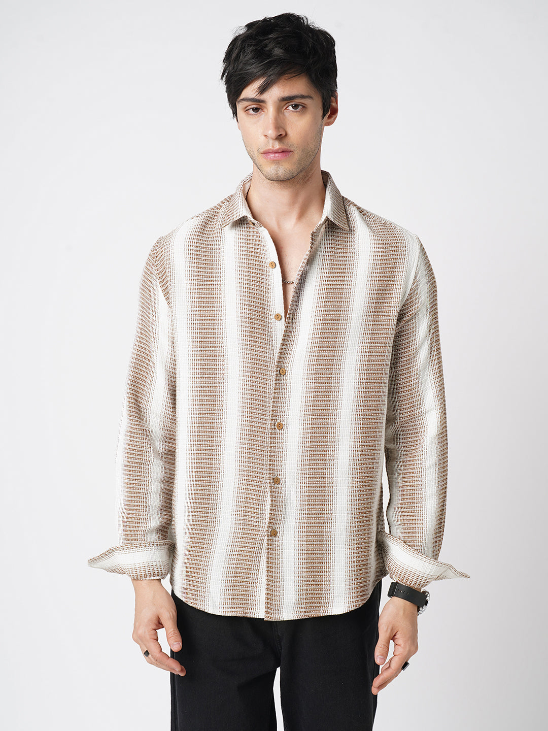 Brown & White Dobby Striped Shirt