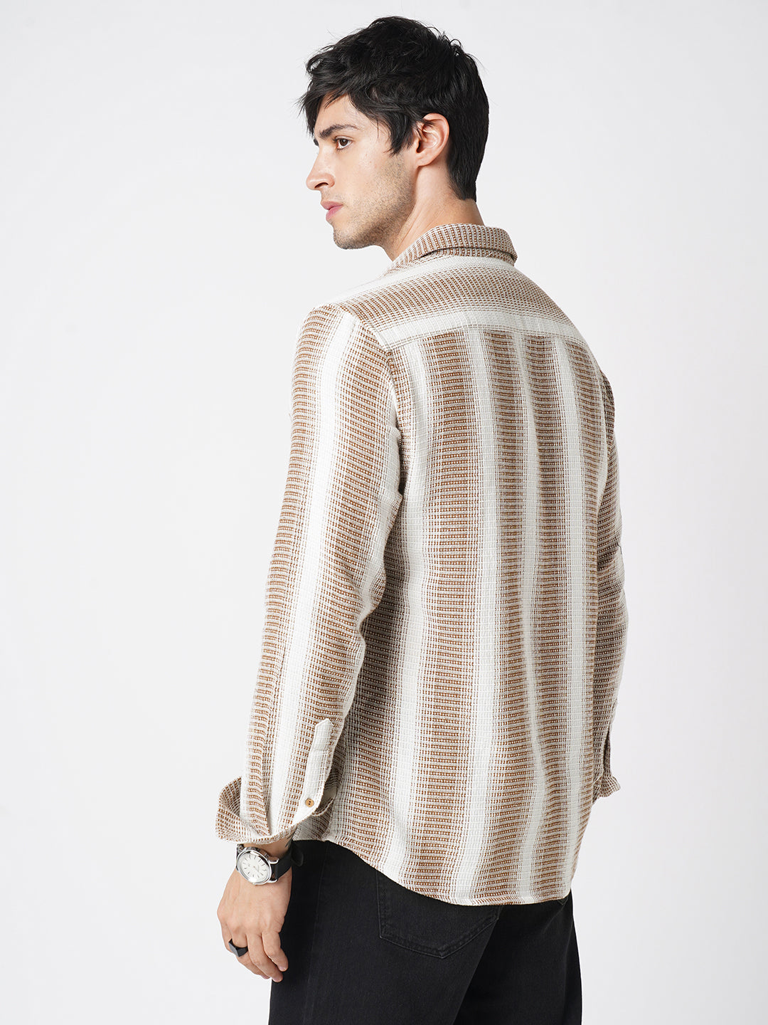 Brown & White Dobby Striped Shirt