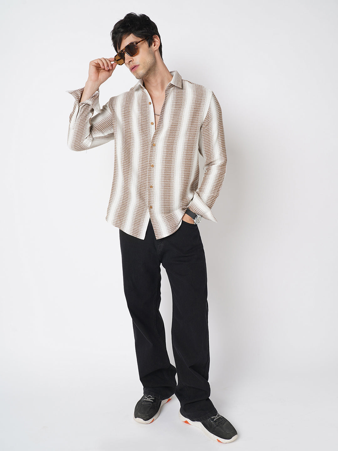 Brown & White Dobby Striped Shirt