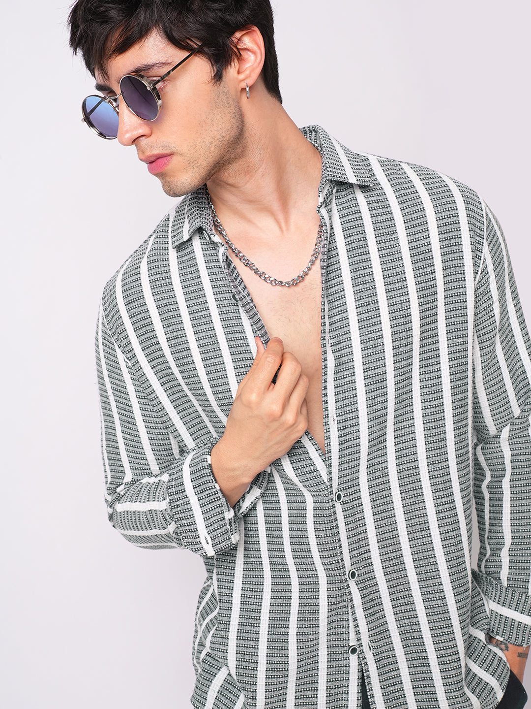 Navy & White Dobby Striped Shirt