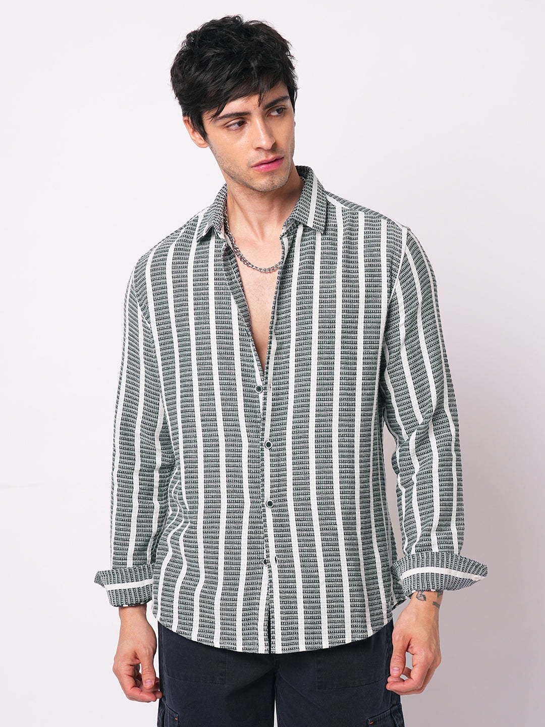 Navy & White Dobby Striped Shirt