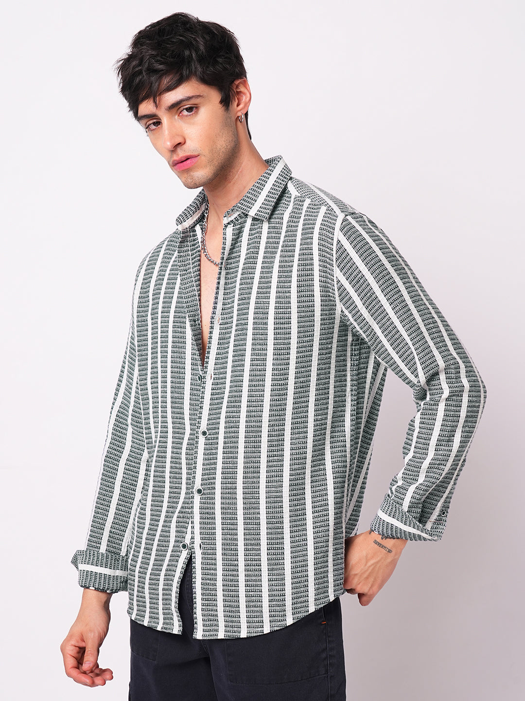 Navy & White Dobby Striped Shirt