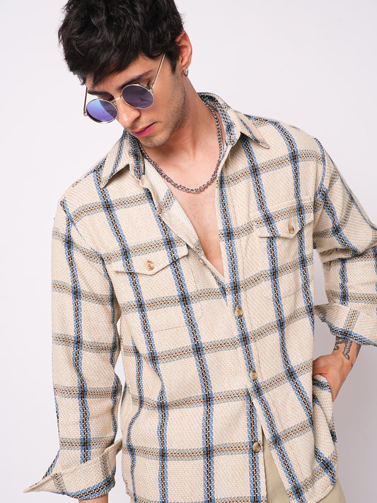 Soft Beige Box Checks Double Pocket Overshirt