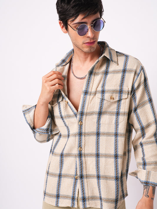 Soft Beige Box Checks Double Pocket Overshirt