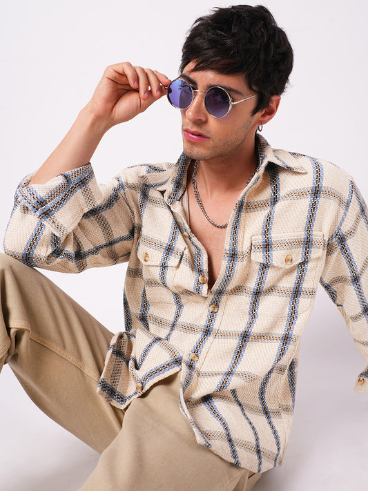 Soft Beige Box Checks Double Pocket Overshirt