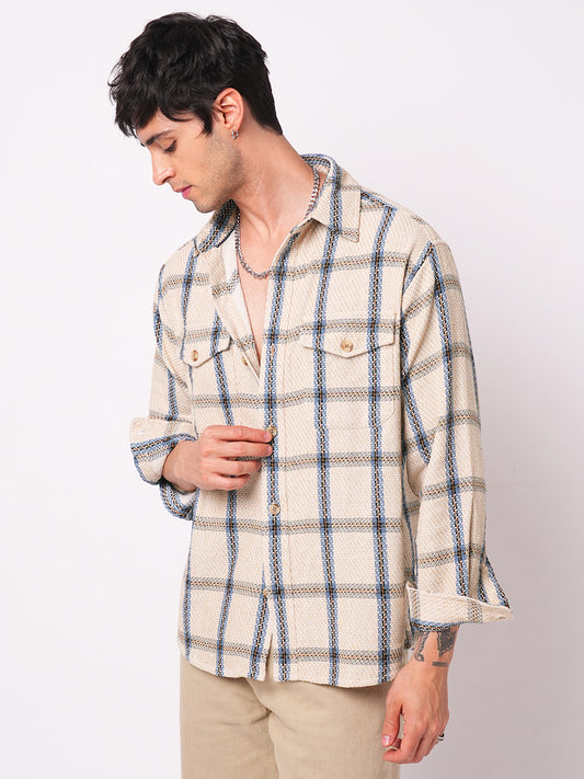 Soft Beige Box Checks Double Pocket Overshirt