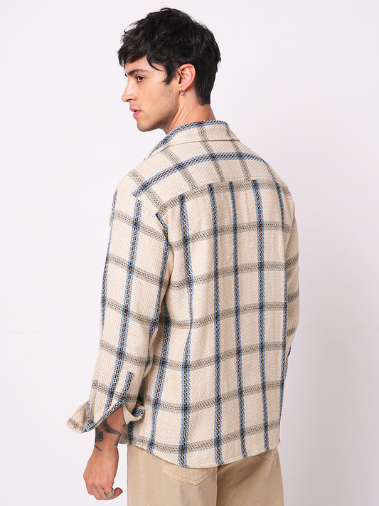 Soft Beige Box Checks Double Pocket Overshirt