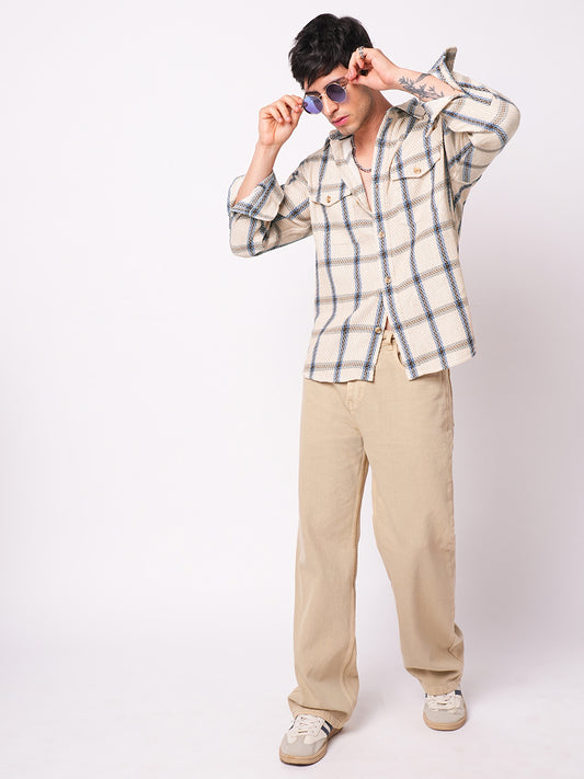 Soft Beige Box Checks Double Pocket Overshirt