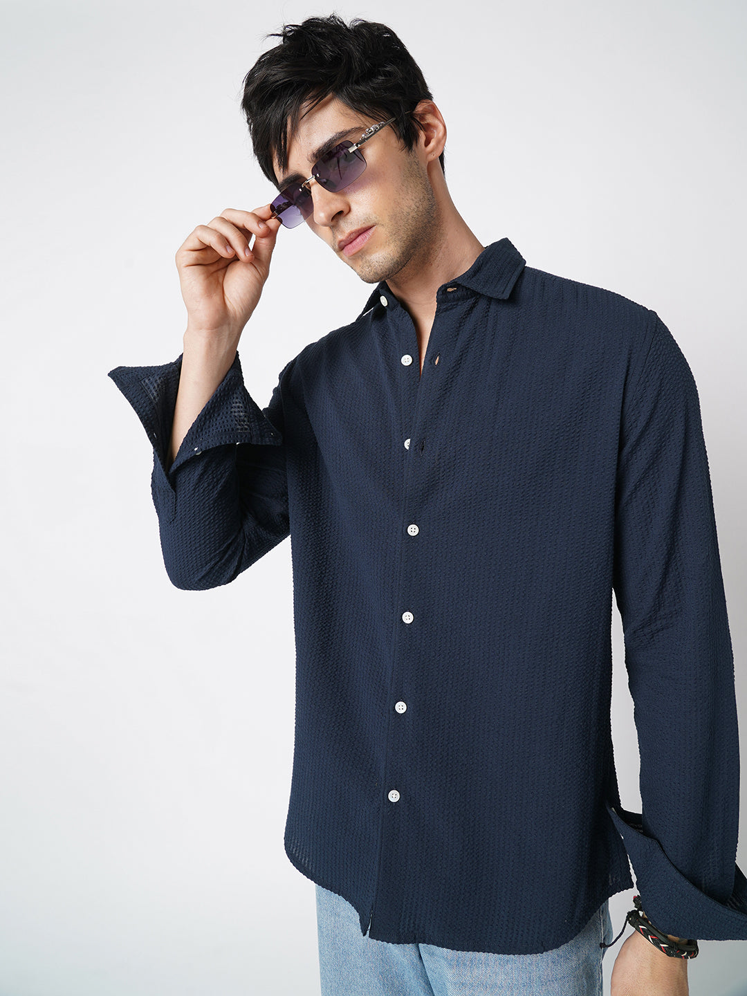 Elegant Navy Seersucker Shirt