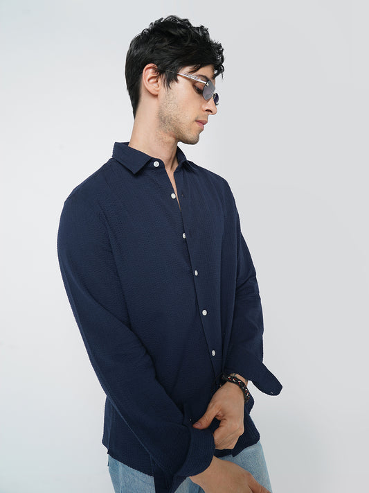 Elegant Navy Seersucker Shirt