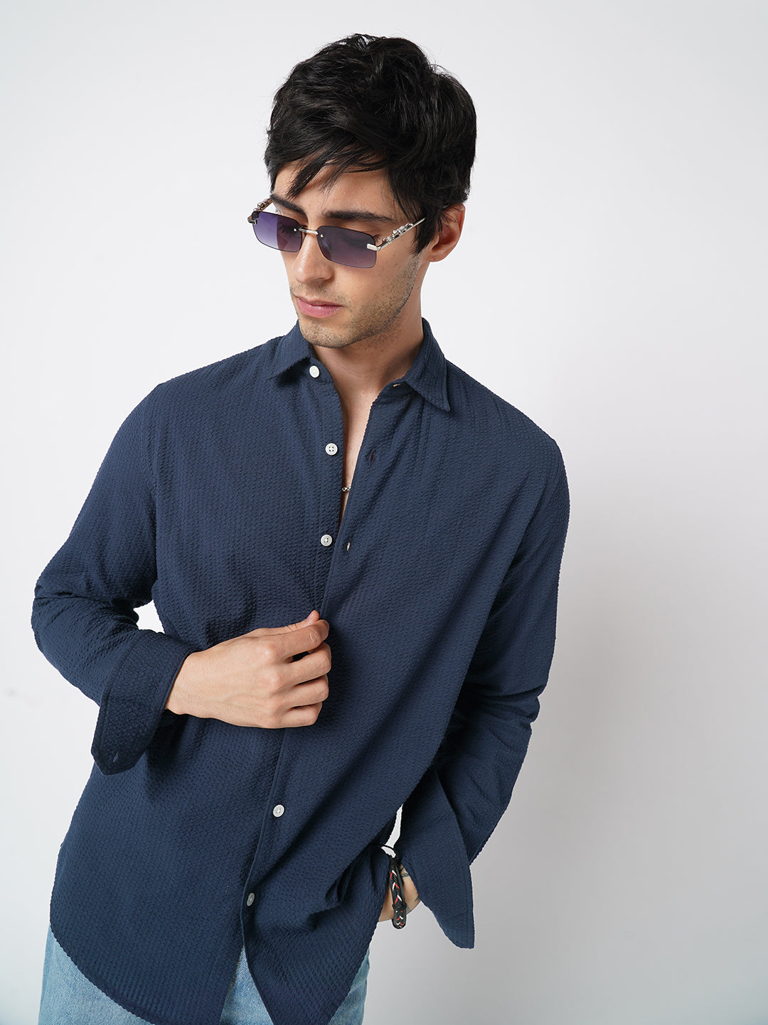 Elegant Navy Seersucker Shirt