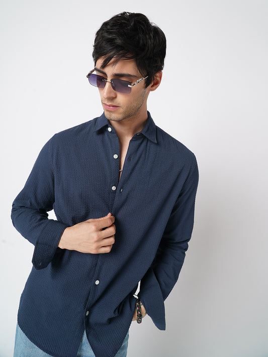 Elegant Navy Seersucker Shirt
