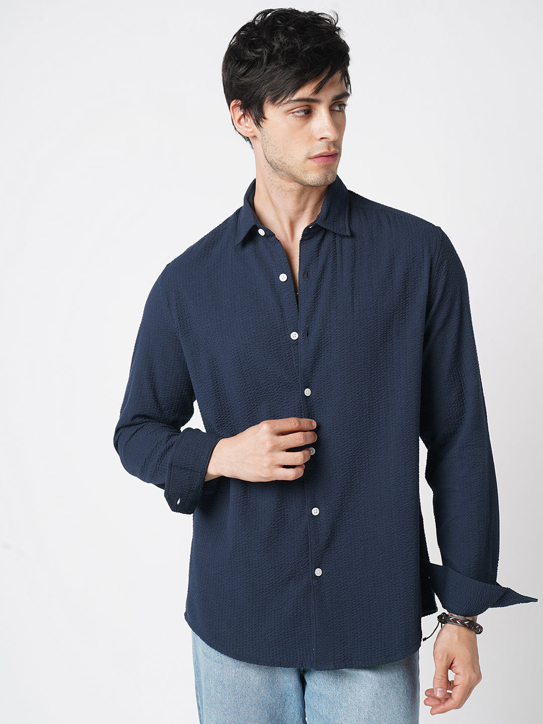 Elegant Navy Seersucker Shirt
