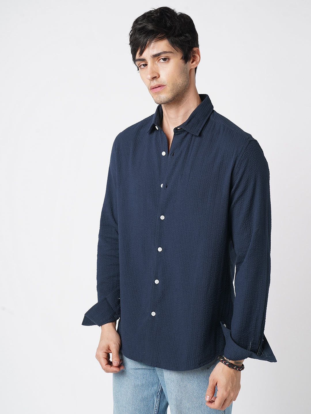 Elegant Navy Seersucker Shirt