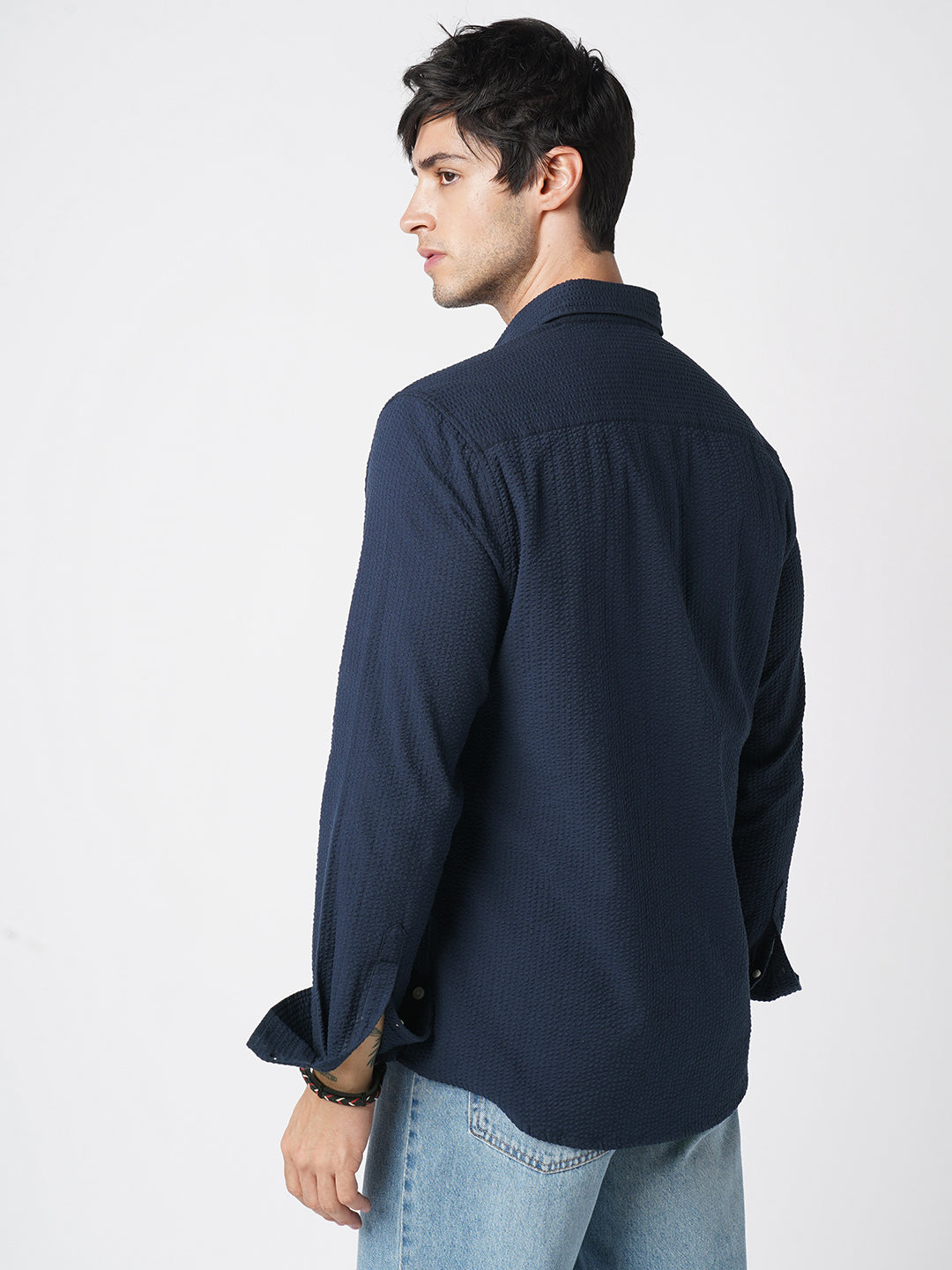 Elegant Navy Seersucker Shirt
