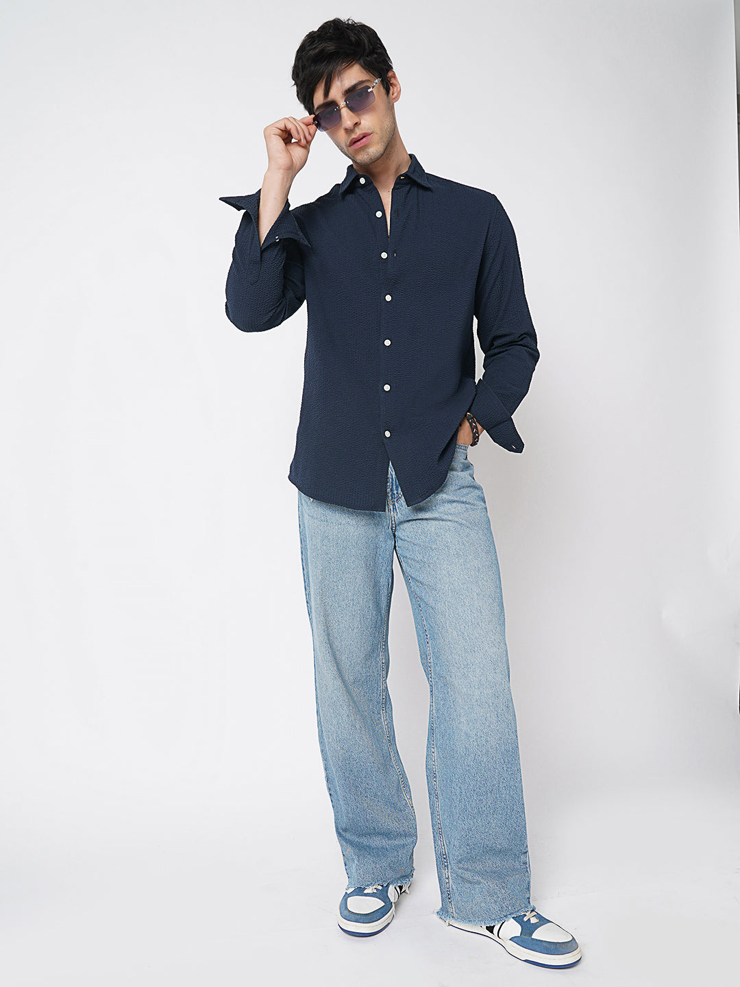 Elegant Navy Seersucker Shirt