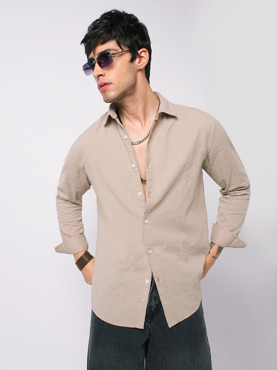 Light Taupe Brown Seersucker Shirt