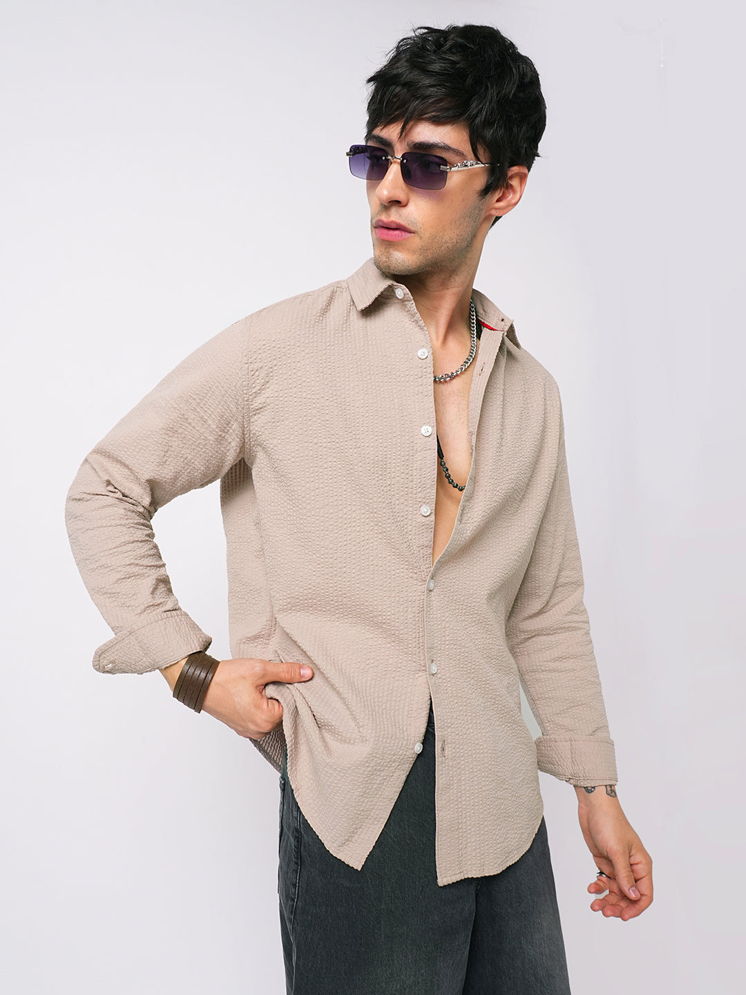 Light Taupe Brown Seersucker Shirt