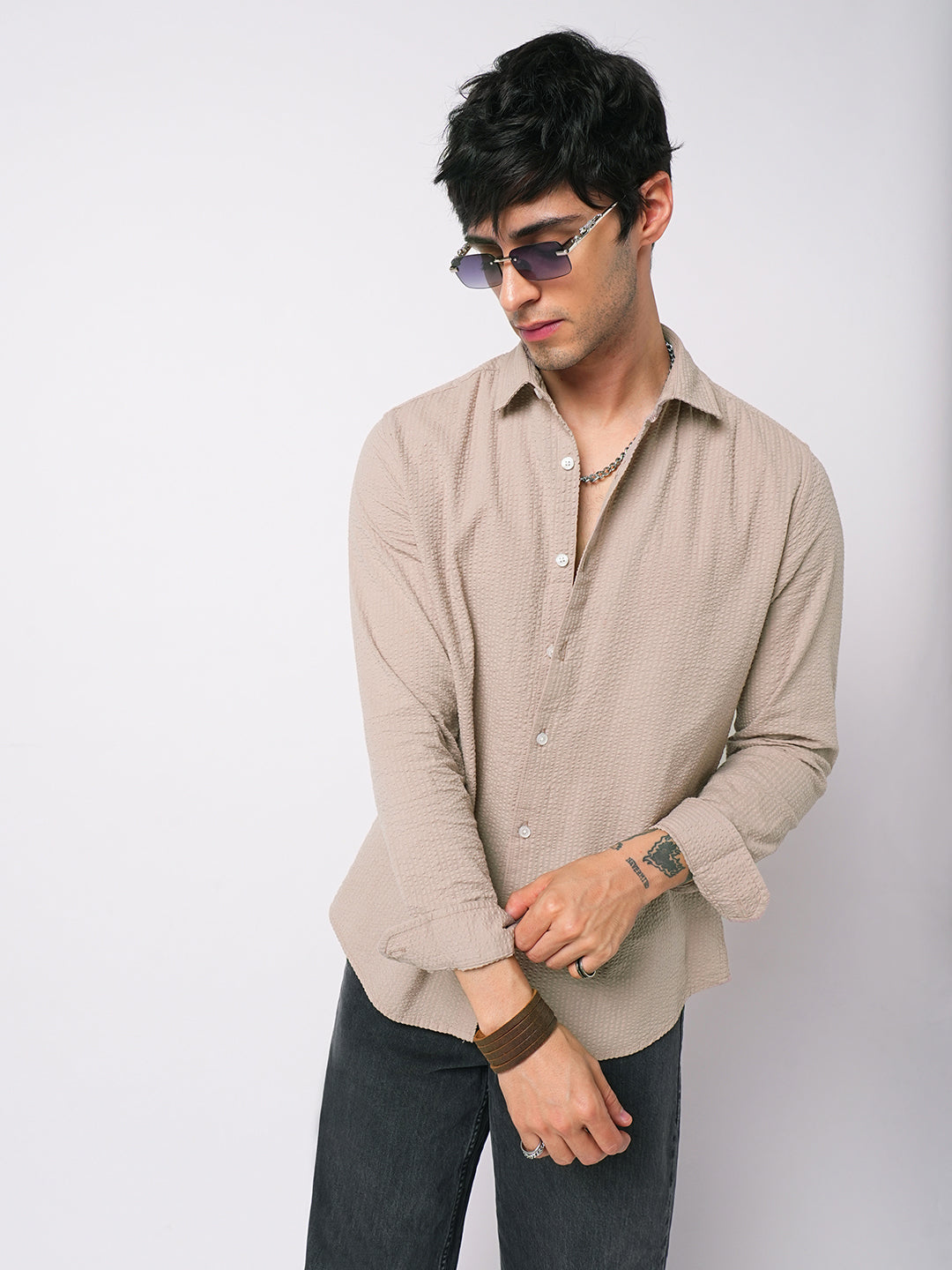 Light Taupe Brown Seersucker Shirt