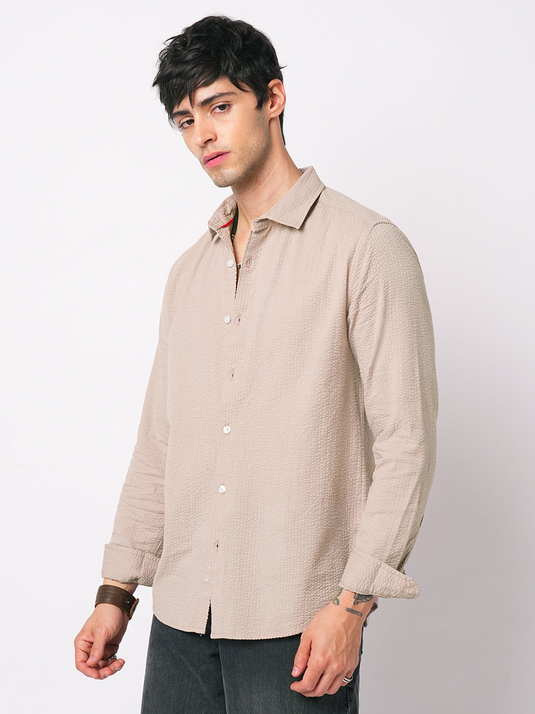 Light Taupe Brown Seersucker Shirt