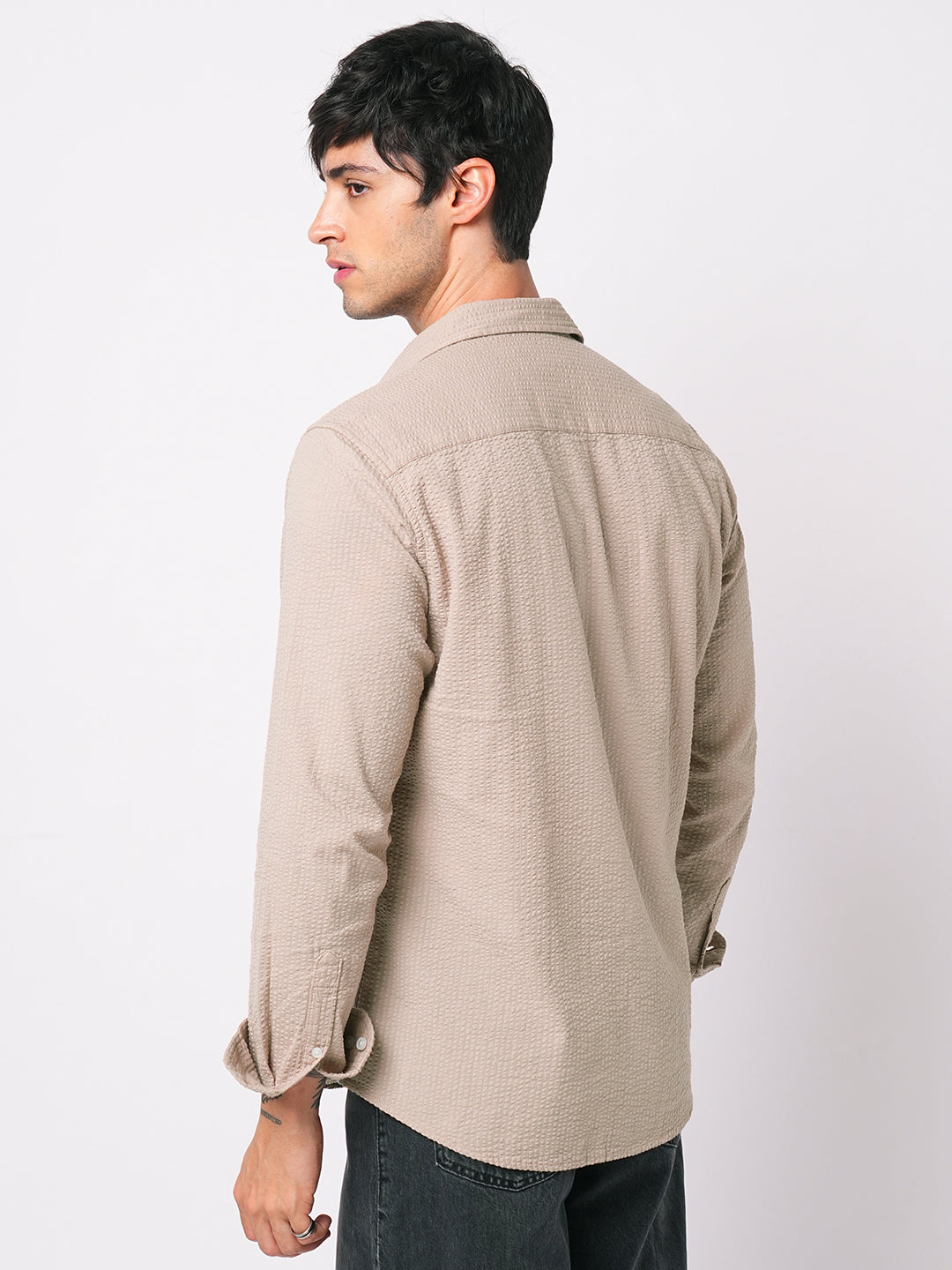 Light Taupe Brown Seersucker Shirt
