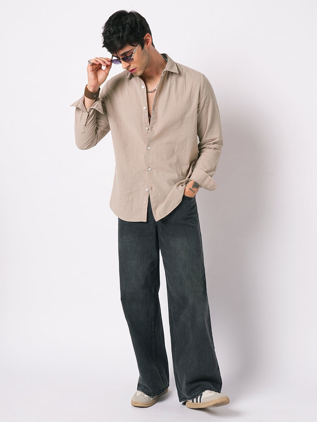 Light Taupe Brown Seersucker Shirt