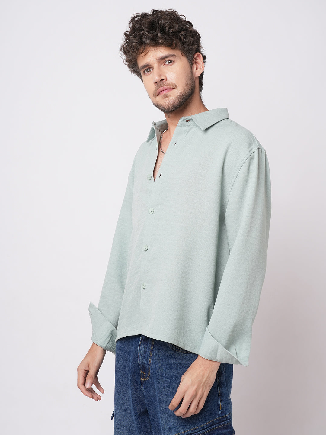 Pastel Green Slub Textured Oversized Shirt