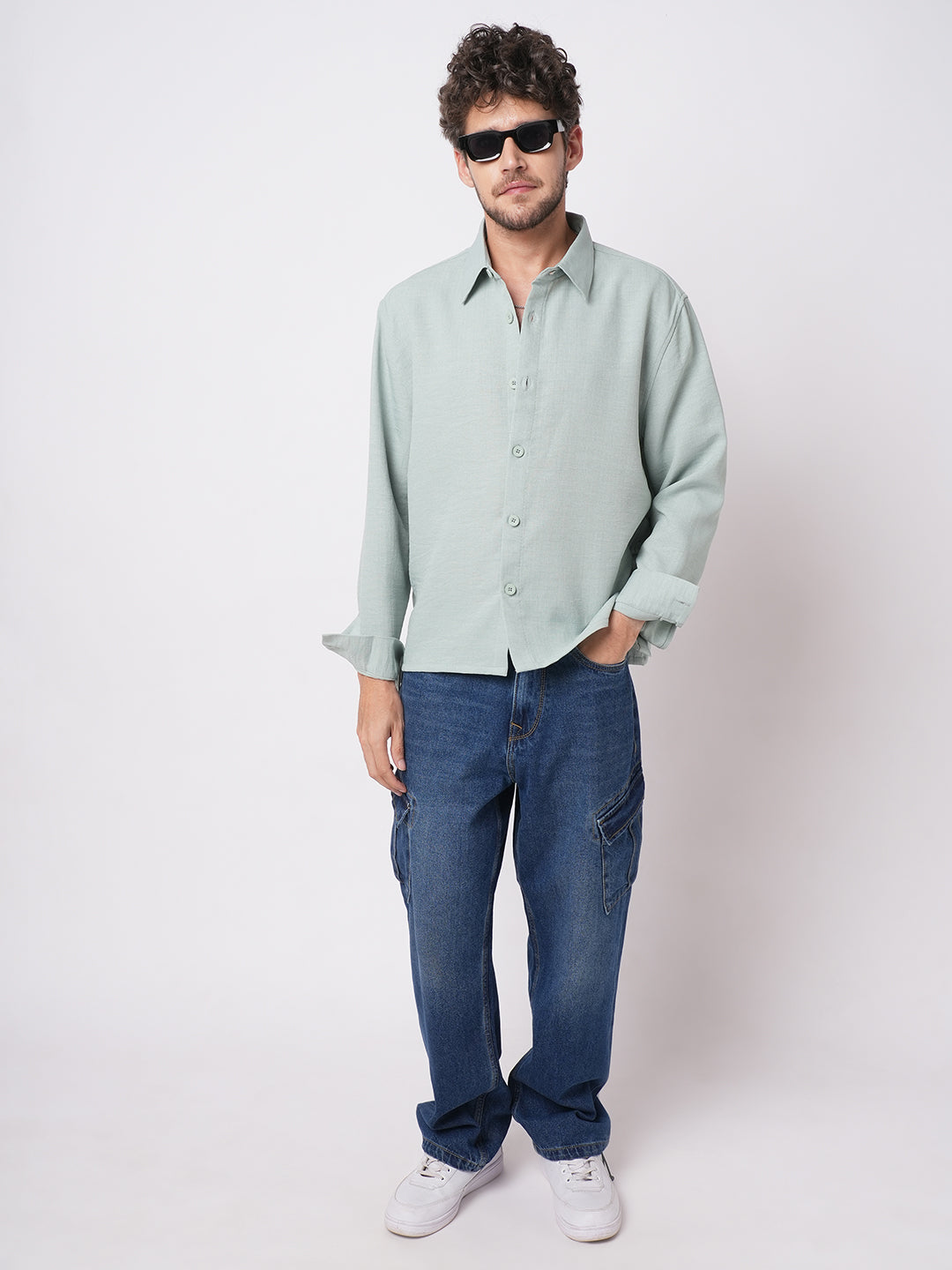 Pastel Green Slub Textured Oversized Shirt