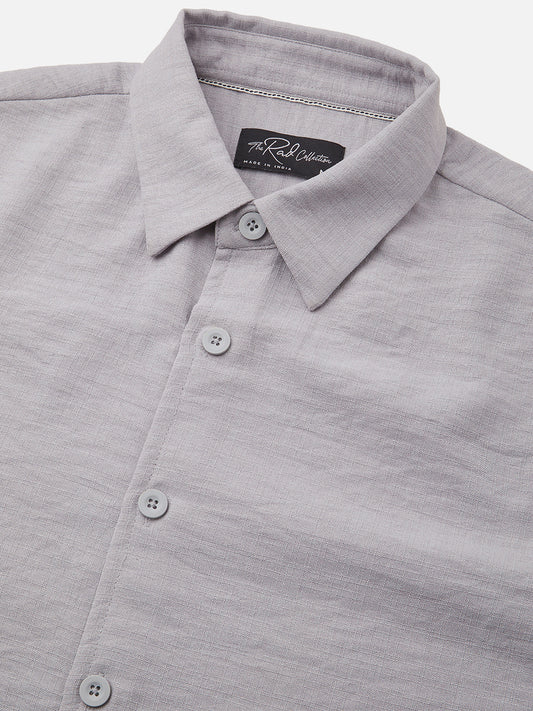 Minimalist Grey Slub Boxy Fit Side Slit Button Crop Shirt