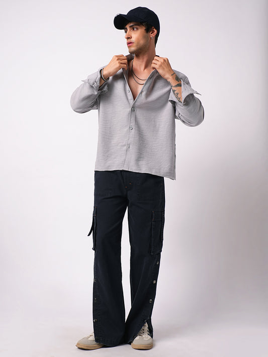 Minimalist Grey Slub Boxy Fit Side Slit Button Crop Shirt