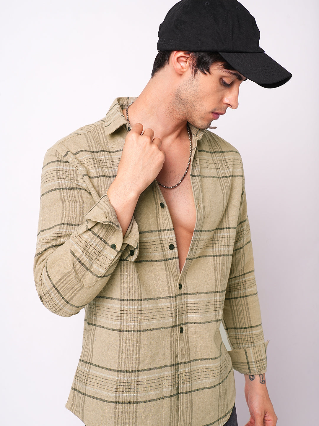 Premium Cotton Camel Beige Plaid Checks Textured Shirt