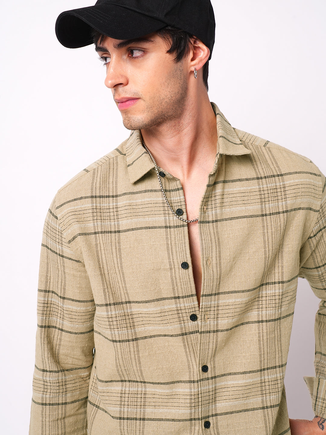 Premium Cotton Camel Beige Plaid Checks Textured Shirt