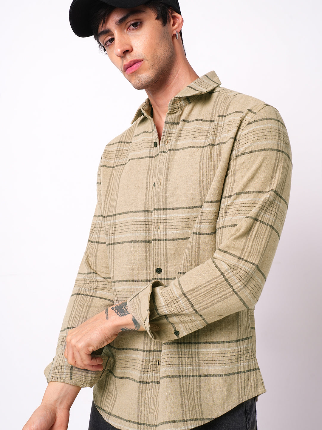 Premium Cotton Camel Beige Plaid Checks Textured Shirt