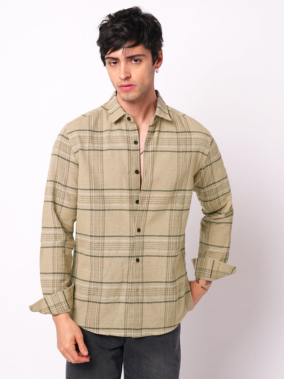 Premium Cotton Camel Beige Plaid Checks Textured Shirt