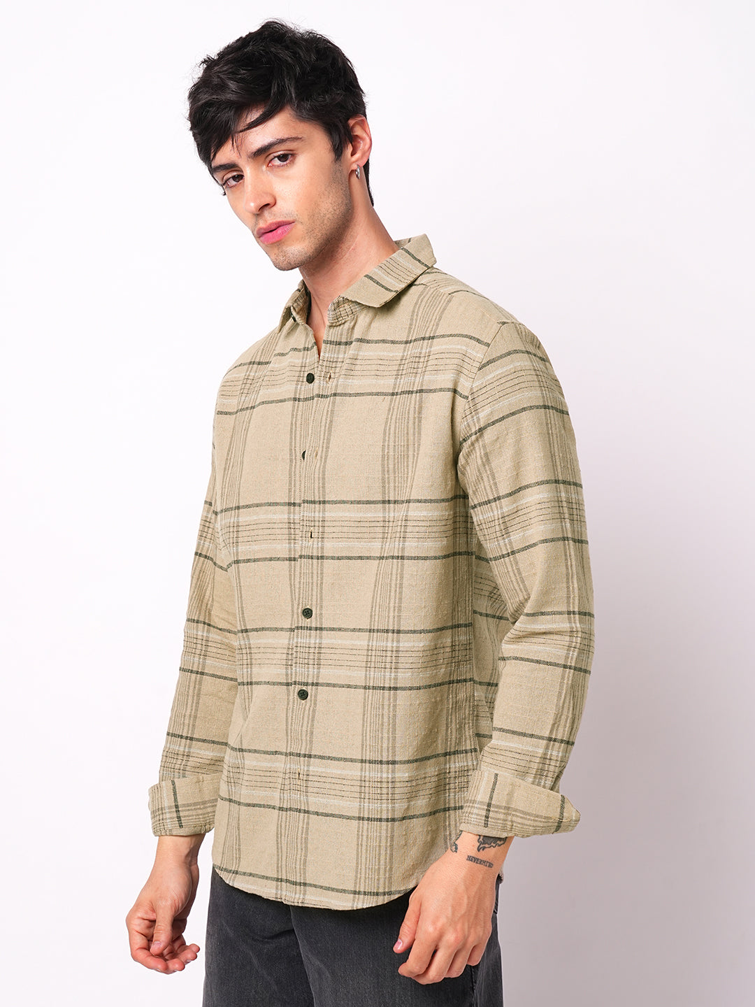 Premium Cotton Camel Beige Plaid Checks Textured Shirt