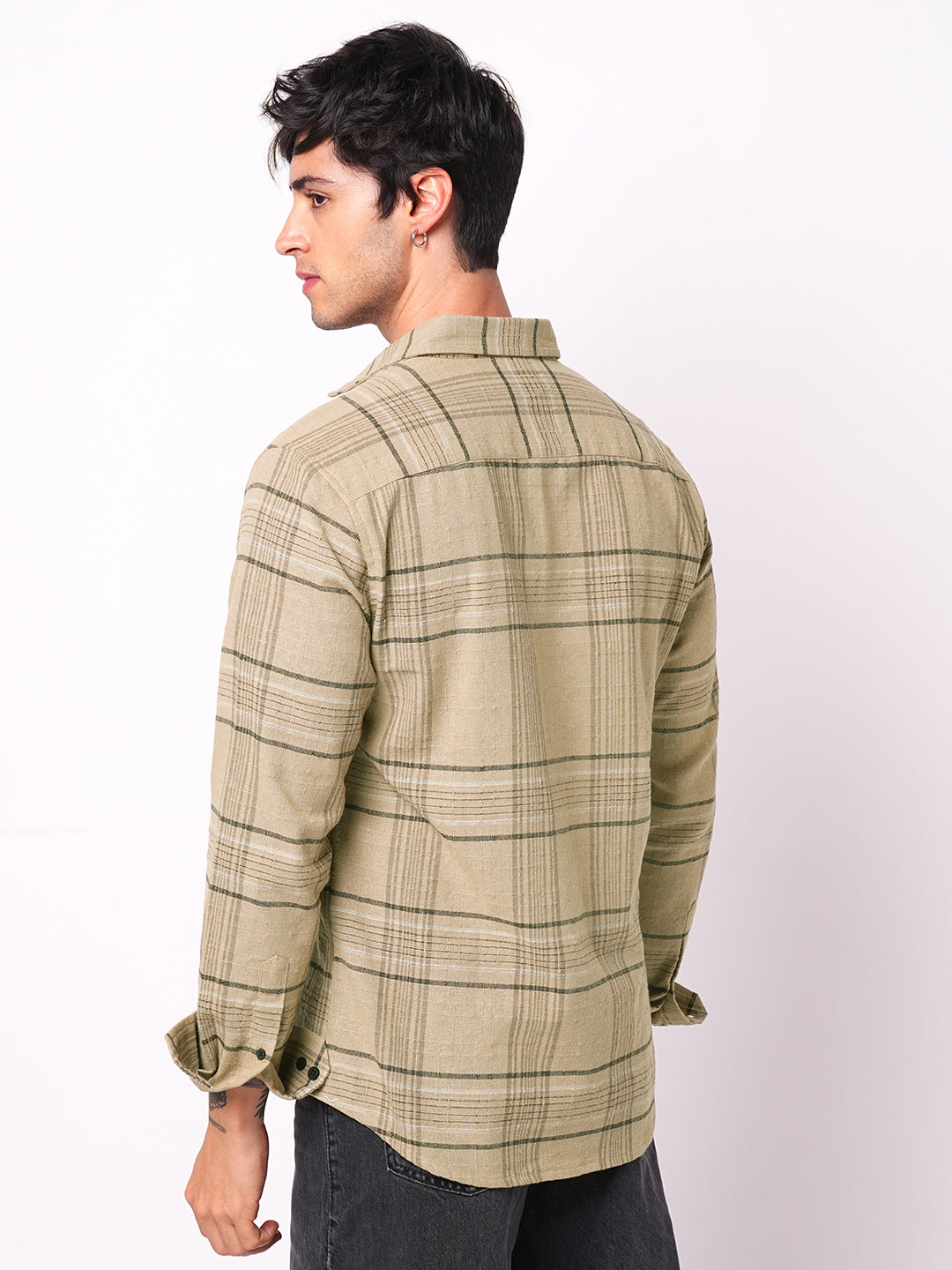 Premium Cotton Camel Beige Plaid Checks Textured Shirt