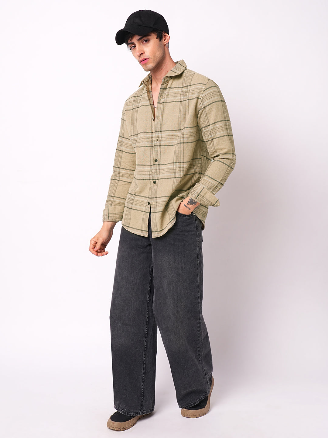 Premium Cotton Camel Beige Plaid Checks Textured Shirt