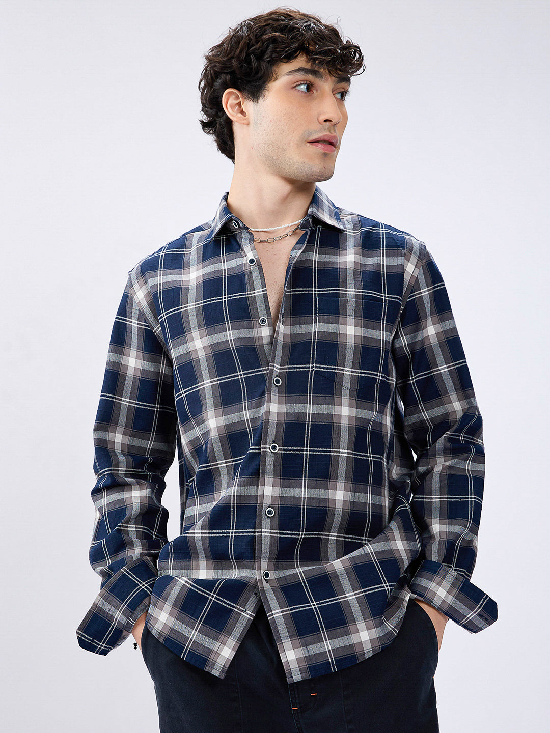 Modish Navy & Grey Tartanique Checkered Shirt