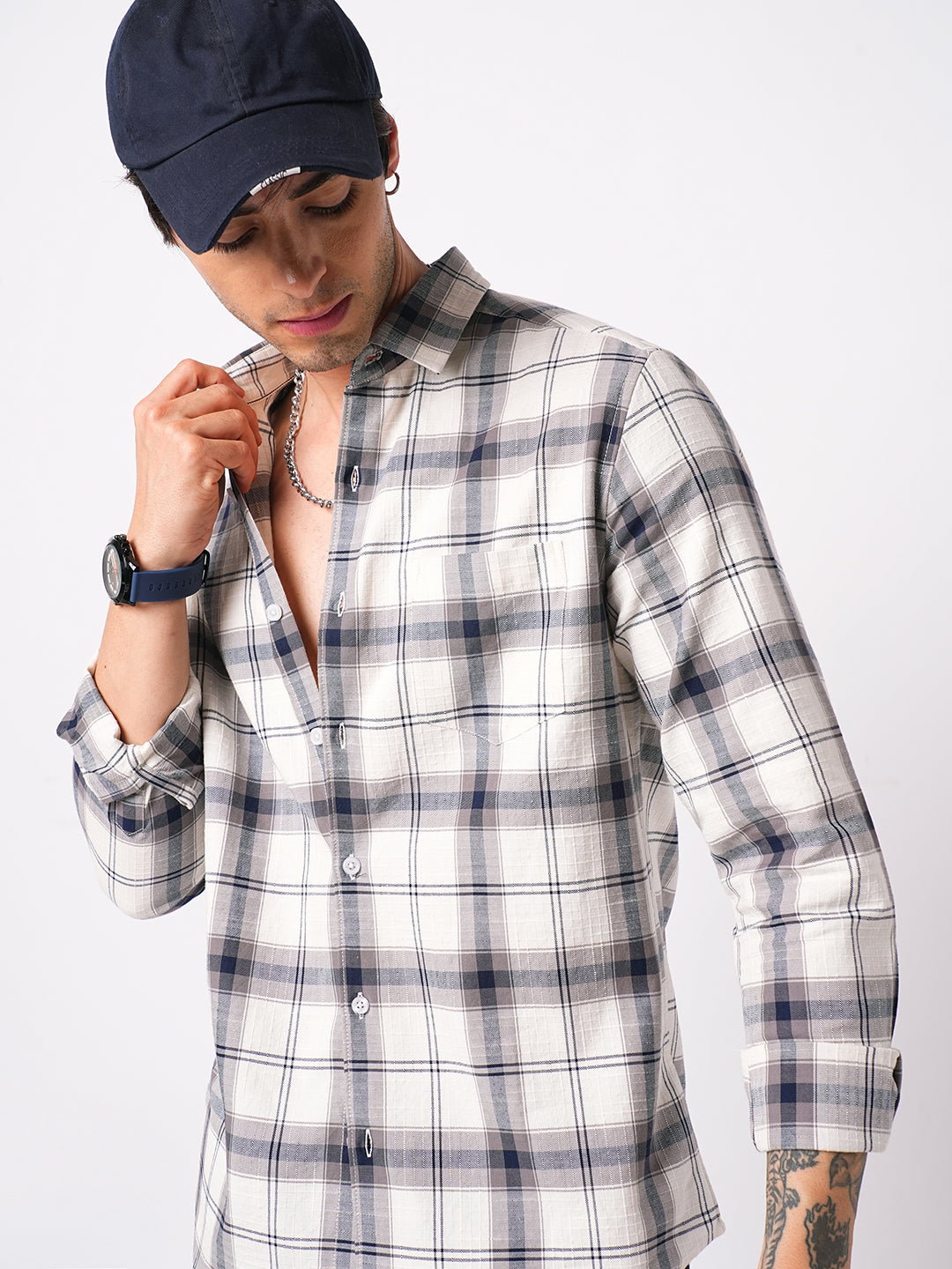 Modish Navy & White Tartanique Checks Textured Shirt