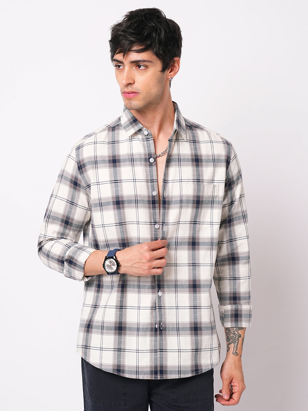 Modish Navy & White Tartanique Checks Textured Shirt