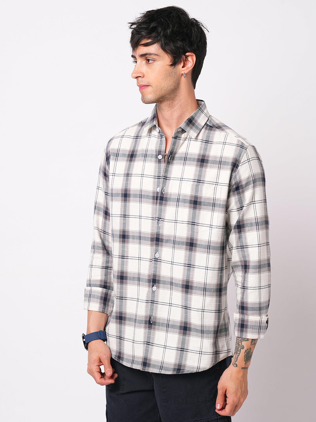 Modish Navy & White Tartanique Checks Textured Shirt