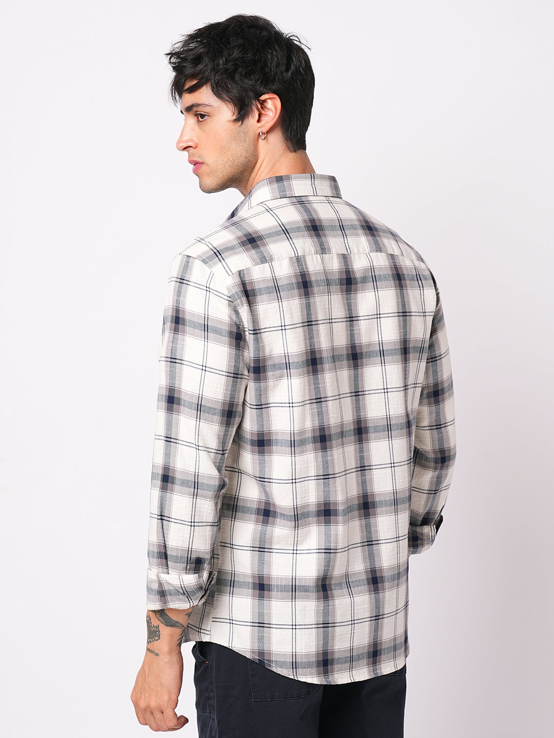 Modish Navy & White Tartanique Checks Textured Shirt